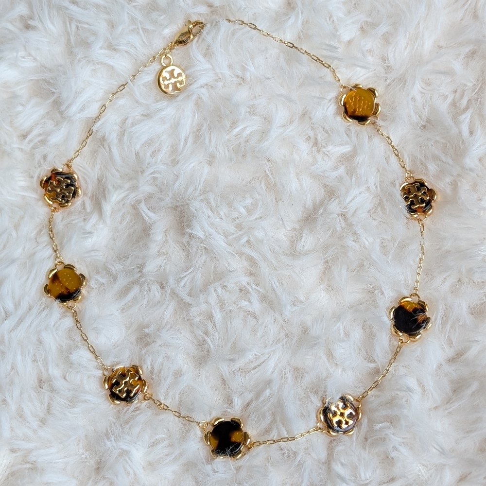 TORY BURCH Walter Gold Flower Tortoise Resin Connector Logo Necklace